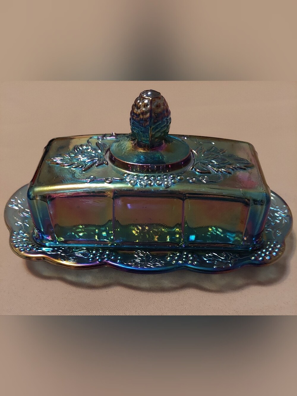Vintage Indiana Glass "Harvest Grape" Blue Carnival Glass Covered Butter Dish